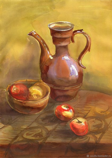 Кувшин с яблоком акварелью