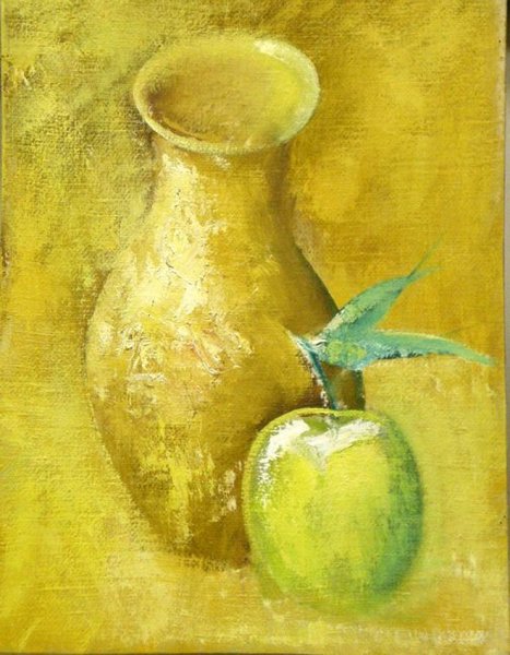 Кувшин с яблоком акварелью