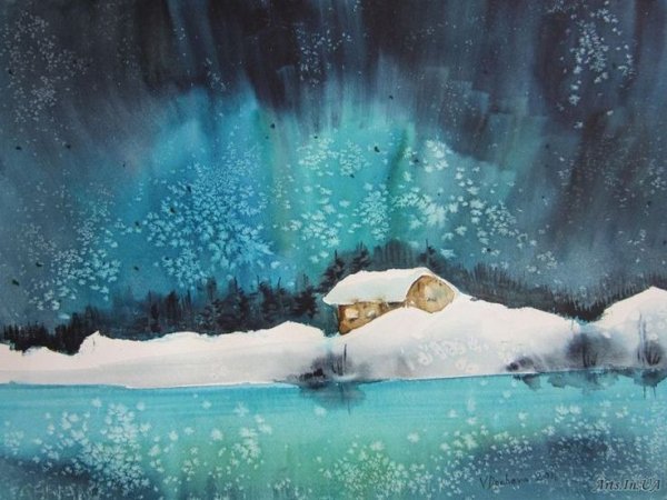 Рисование солью и акварельными красками снежинки