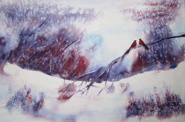 Зимнее небо акварелью