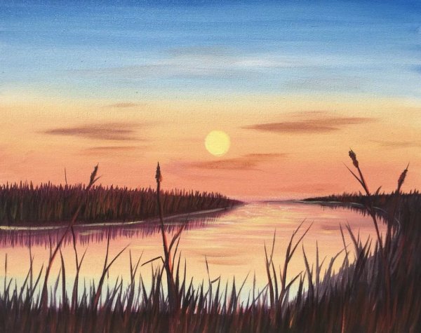 Пейзаж акварелью закат