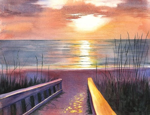 Закат на реке акварелью