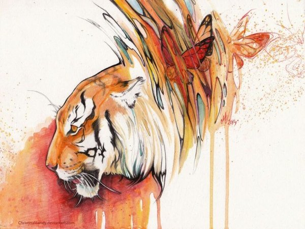 Рыжий тигр акварель
