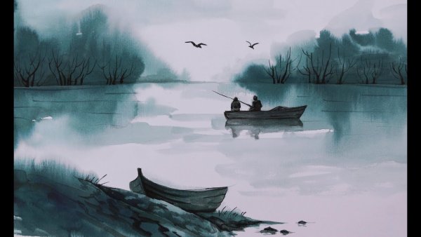 Рыбак акварель