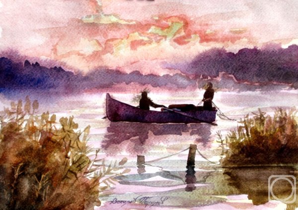 Рыбак в лодке акварель