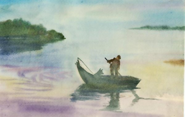 Рыбак в лодке акварель