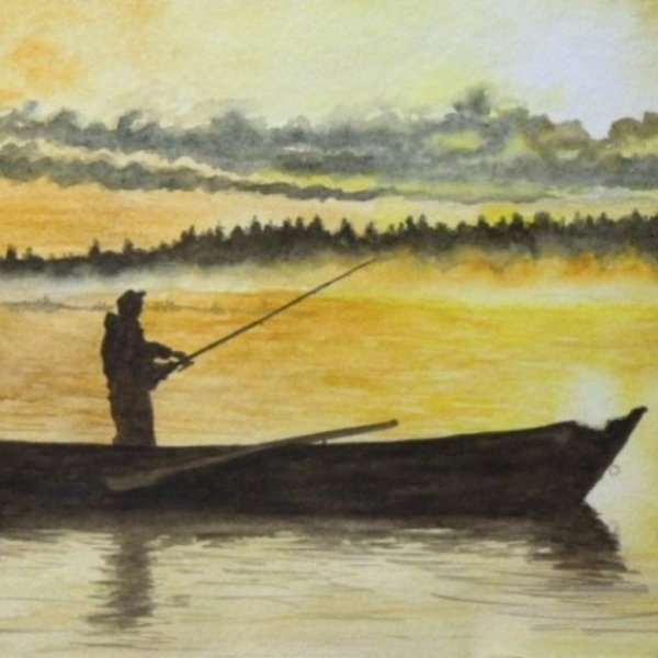 Пейзаж с рыбаком на лодке