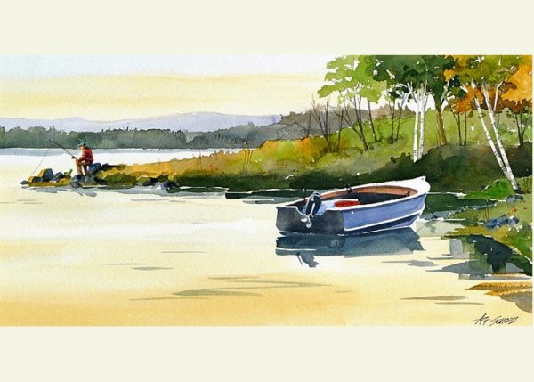 Лодки на реке акварелью