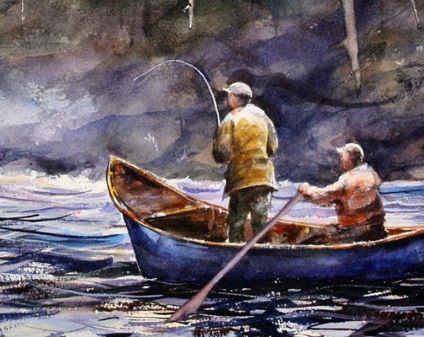 Рыбак акварель