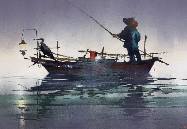 Рыбак акварель