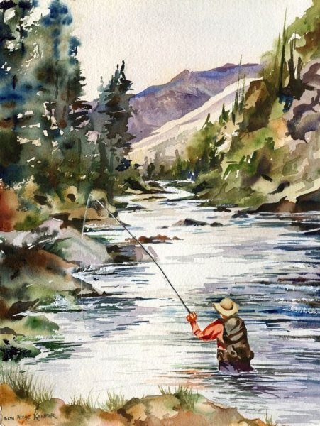 Пейзаж акварелью рыбалка