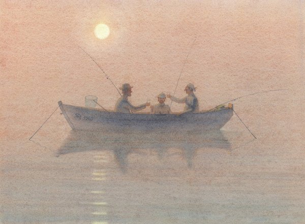 Рыбак в лодке акварель