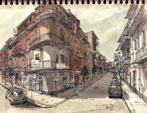 Город в перспективе акварелью