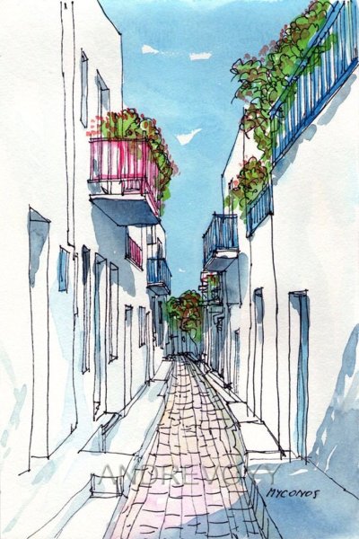 Скетчинг Греция акварель