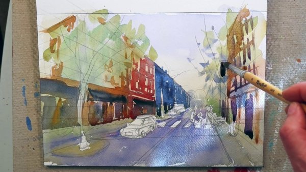 Город в перспективе красками