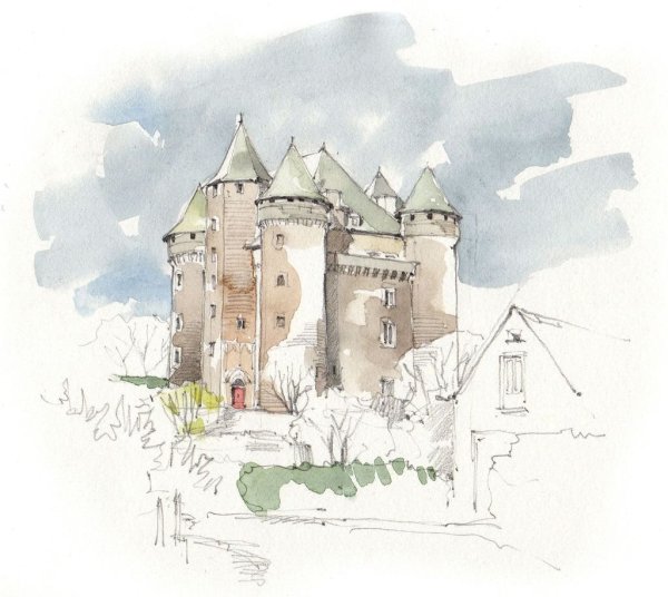 Замок спереди акварель