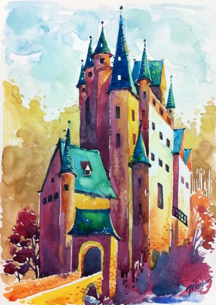 Сказочный замок акварель