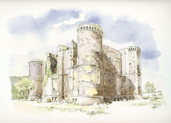 Скетч замок акварелью