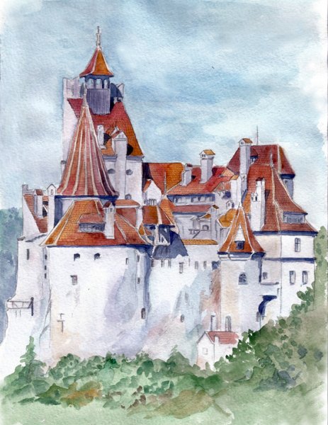 Замок Дракулы акварель