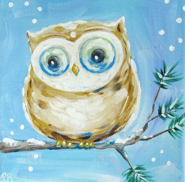 Сова на ветке акварелью