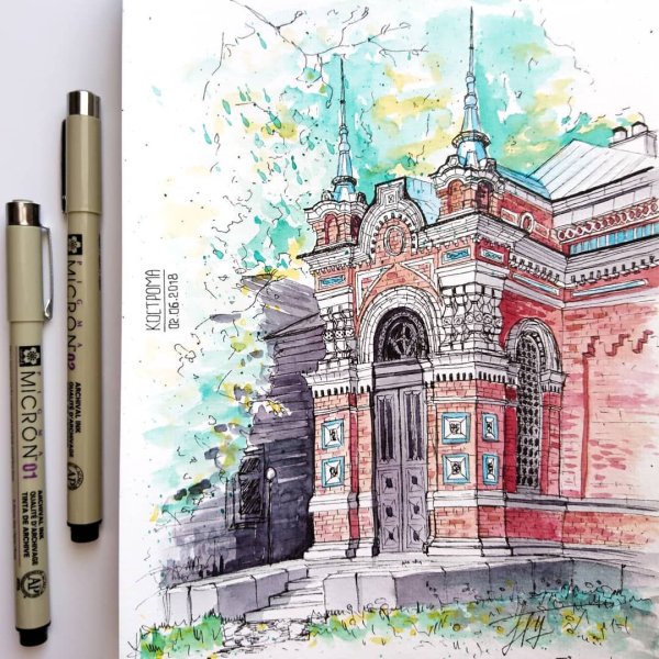 Акварель и линер