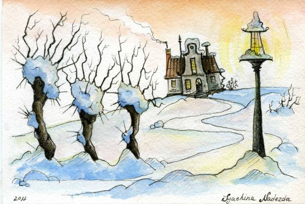 Акварель и линер