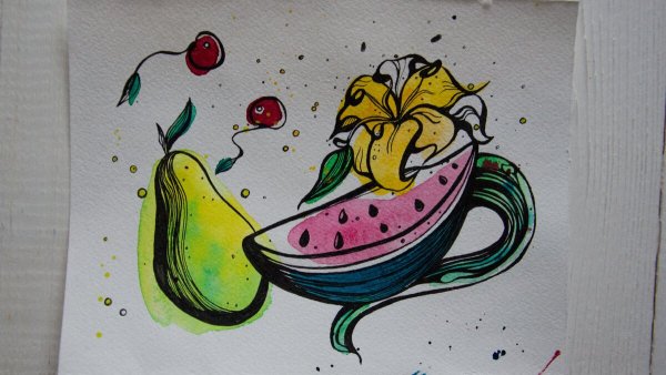 Акварель и линер техника