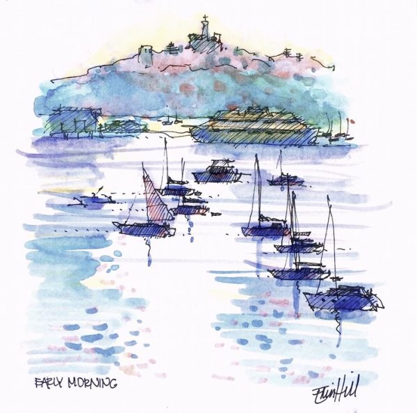 Акварельные пейзажи с линером