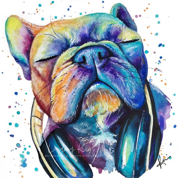 Французский бульдог акварелью