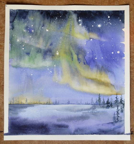 Северное сияние акварельными красками