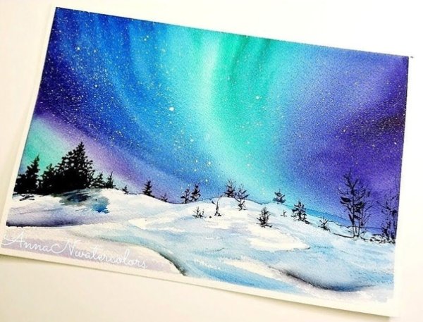 Рисование Северного сияния акварелью