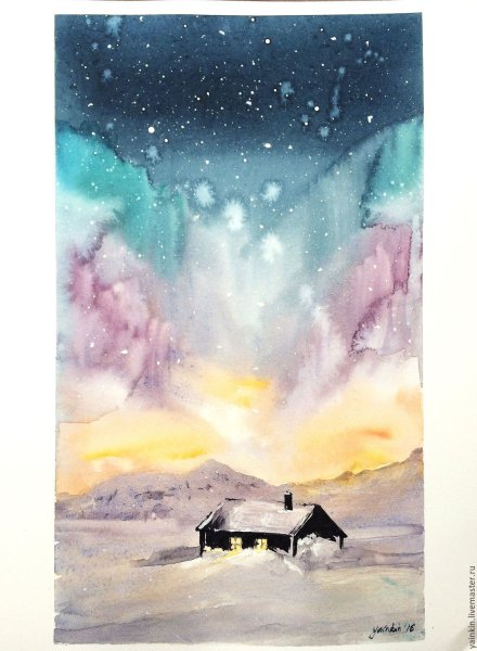 Северное сияние картина акварель