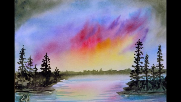 Северное сияние пейзаж акварелью