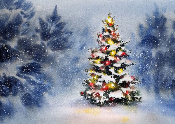 Новогодняя елка акварель
