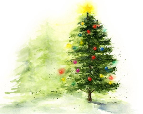 Рисование елочки акварелью