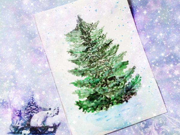 Елка акварель