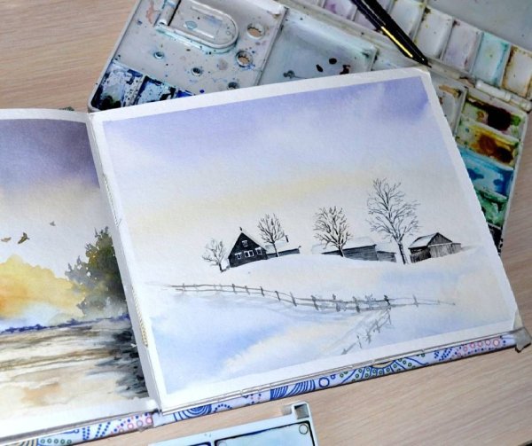 Зимний пейзаж в скетчбуке