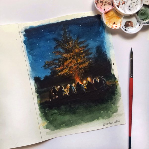 Лес и огонь акварель