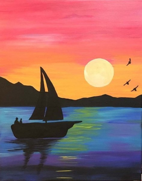 Закат на море акварелью