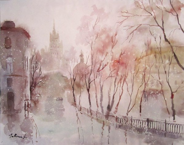 Первый снег акварель