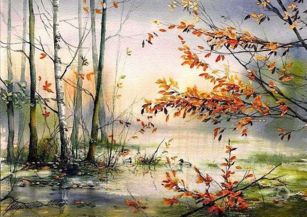 Этюд художника поздняя осень акварелью