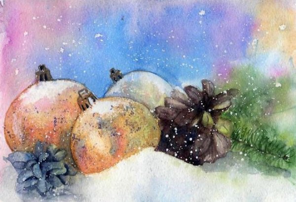 Новогодний натюрморт акварелью