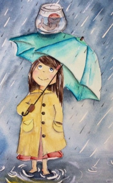 Девушка с зонтом акварель