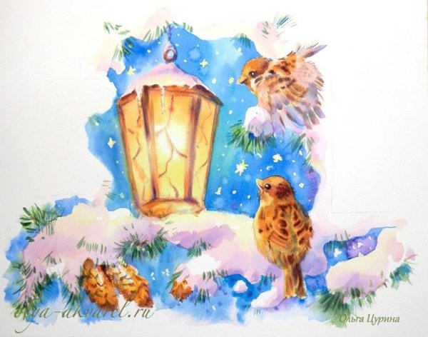 Зимний фонарик акварелью