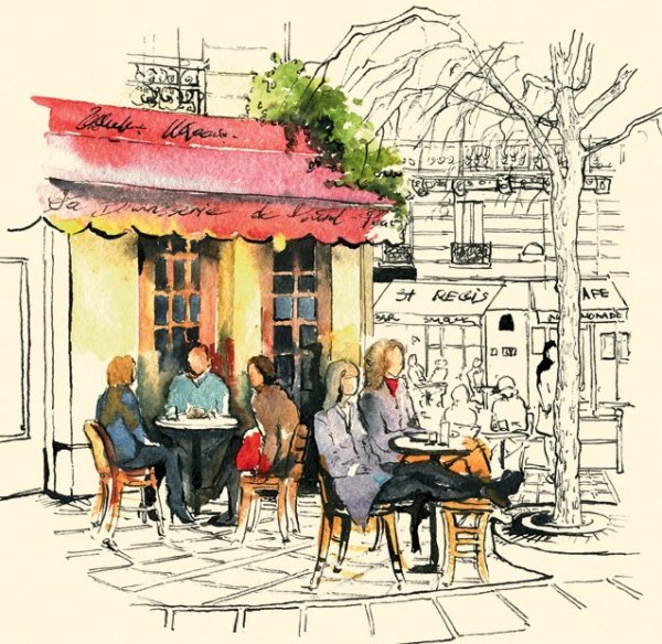 Франция кафе скетчи акварелью