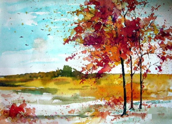 Рисование осеннего пейзажа акварелью