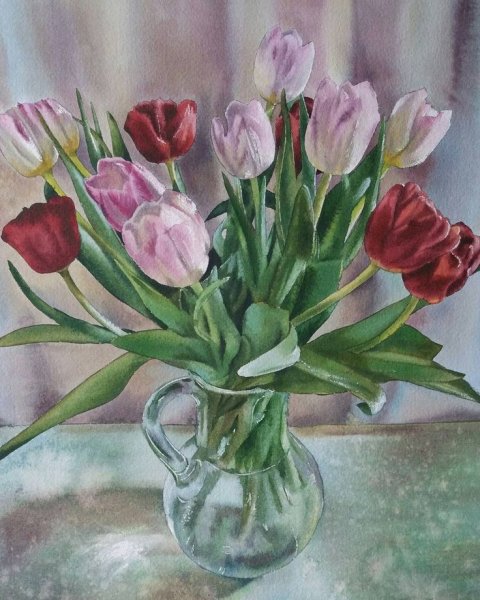 Цветы в вазе гуашью