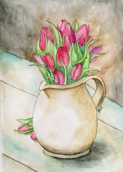 Тюльпаны в вазе акварелью