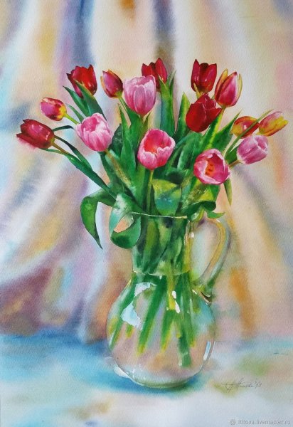 Цветы в вазе акварелью простые