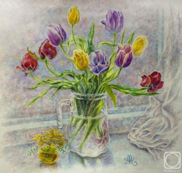 Рисунки тюльпанов акварелью в стакане